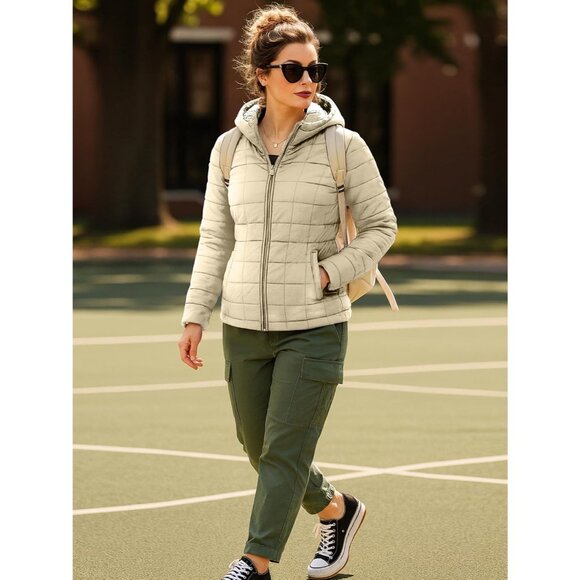 Women's Puffer Jacket Hood 32 Degree Quilted Winter Puff Foldable Jacket Cream - Picture 3 of 7